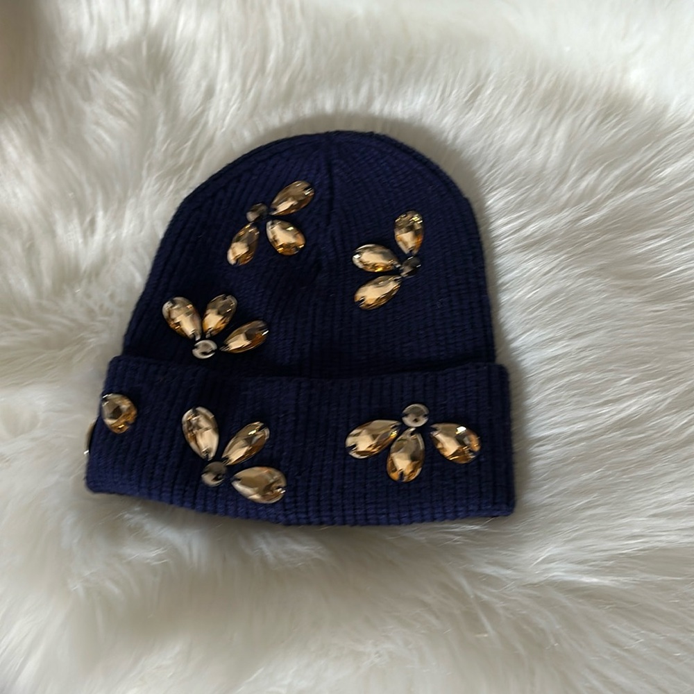 Anthropology Beanie Crystal Embellished Navy Blue